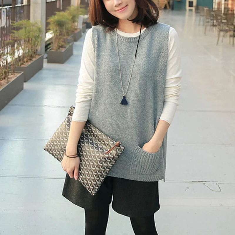 Knitted Vest Women Casual Round Neck Sleeveless Sweater Loose Knitwear With Back Button Pockets Outwear Female Oversize Pullover | Женская