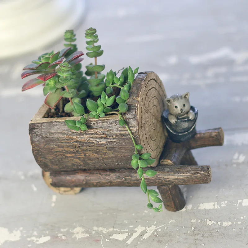 Cute Wood Craft Style Resin Succulent Cactus Flower Plant Pot Planter for Home Office Desktop Decoration | Дом и сад