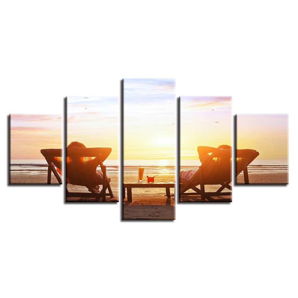 Decor Living Room Wall Art Modern Pictures Print 5 Pieces Beach Chair And Drinks Sunset Seascape Poster Modular Canvas Paintings | Дом и сад