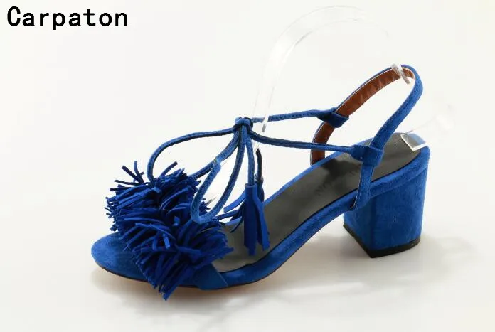 spesifikasi Carpaton Terbuka Toe Sandal Wanita Tinggi Sepatu Tumit Tebal Fringe Desain Renda Sandal Biru Sandal Wanita Manis Party Sepatu