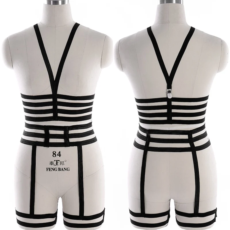 Black O0002 P0001 Body Harness Women Set Belt Garter Black Red Sexy Suit Bondage Cage Bra for Women Elastic Goth Festival Rave Dance Cosplay Wear - Цвет: Black O0002 P0001