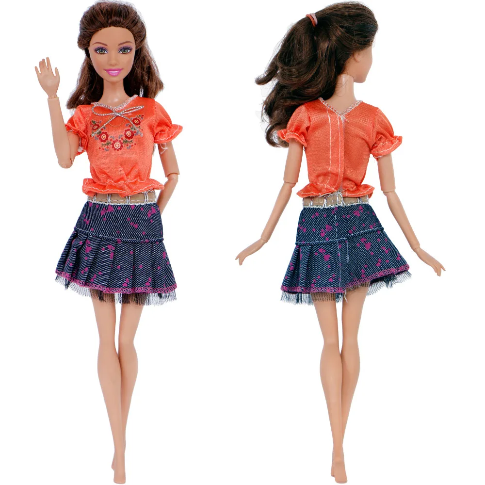 Handmade Orange Dress Summer Casual Wear Bowknot Flower Pattern T Shirt Denim Skirt Clothes for Barbie Doll Accessories Toy|Куклы| |