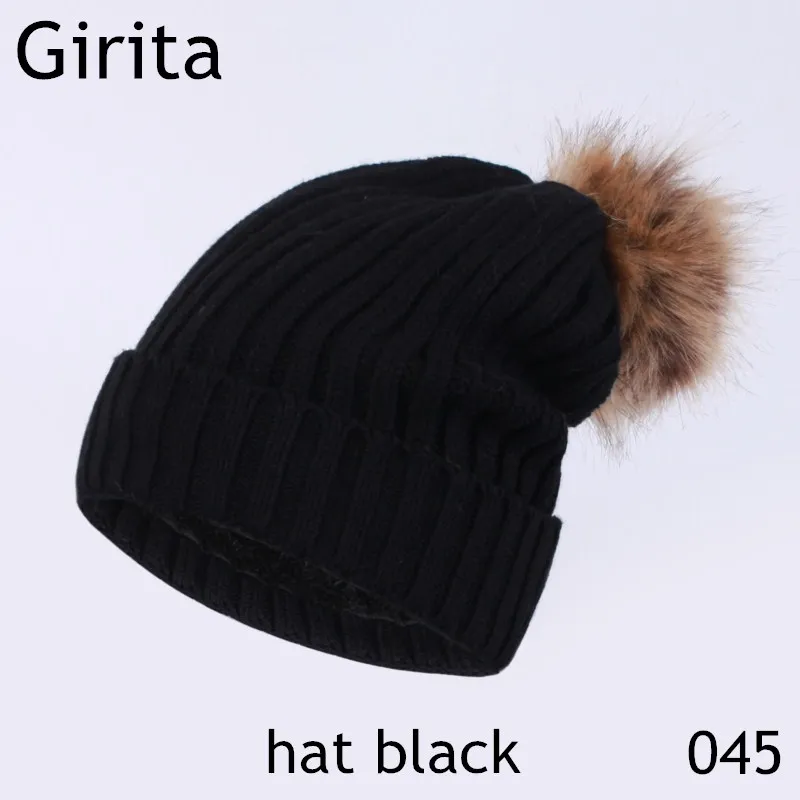 Girita, женская вязаная шапка зима, шапки, флисовые вязанные шапочки с помпоном, меховые женские теплые шапки - Цвет: hat black
