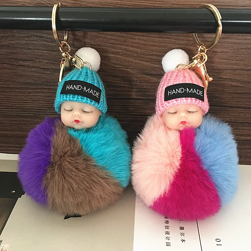 Цветной спящий брелок для маленькой куклы с помпоном из кроличьего меха ключей