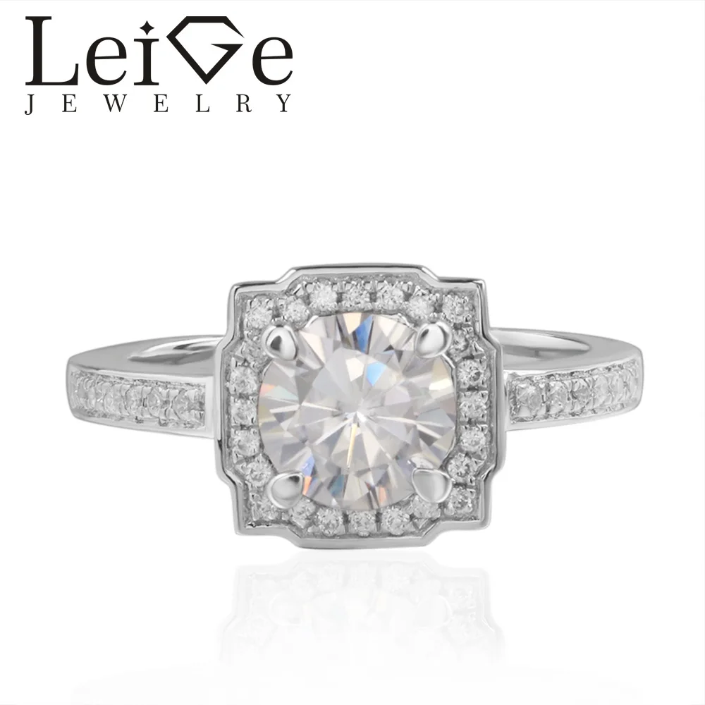 

Leige Jewelry White Moissanite Rings Colorless Gemstone Round Cut Halo For Woman 925 Sterling Silver Engagement Rings