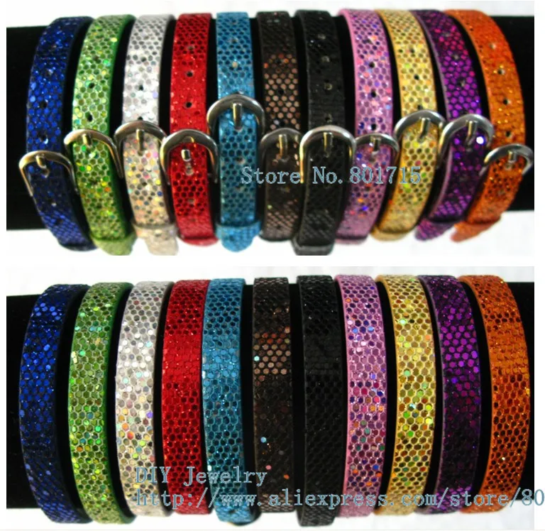 Wholesale 50pcs DIY Accessory Sequins PU Leather Sequin Wristband mix color 8mm wide 21cm length fit slide charm free ship | Украшения и