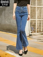 free shipping 2021 new fashion bandage high waist long jeans pants women boot cut trousers plus size 25 30 denim stretch jeans
