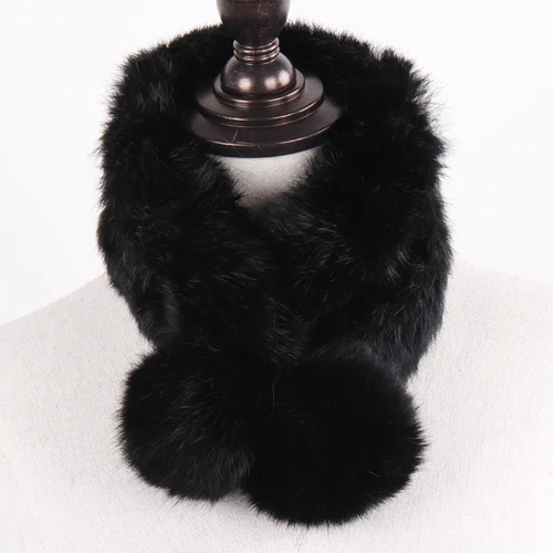 black New Lady Real Natural Rabbit Fur Scarf Women Winter Fashion Knitted Rabbit Fur Muffler Natural Soft Warm Real Rabbit Fur Scarves - Цвет: black
