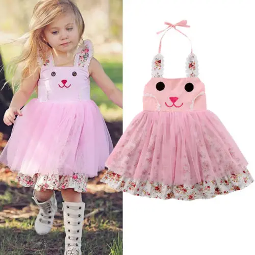 2018 New Kid Girls Halter Pink Tutu Dress Rabbit Princess Baby Girl Cute Bunny Floral Tulle Summer Chidlren Clothes | Детская одежда и