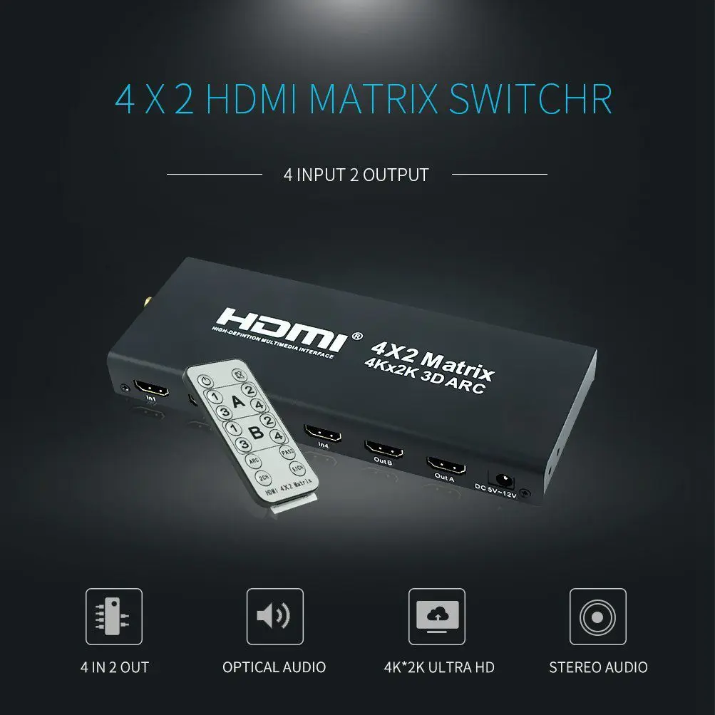 Топ 4x2 HDMI матричный переключатель HD True 4 к x 2 3D hdmi-коммутатор/сплиттер с SPDIF и L/R 3 5 мм