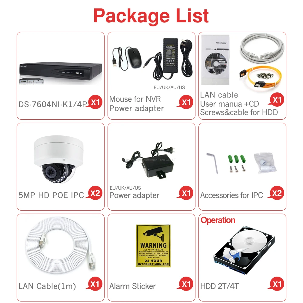 

4CH CCTV System 2PCS Ultra 5MP Security POE Dome IP Camera with Hikvision 4 POE NVR DS-7604NI-K1/4P DIY Video Surveillance Kits