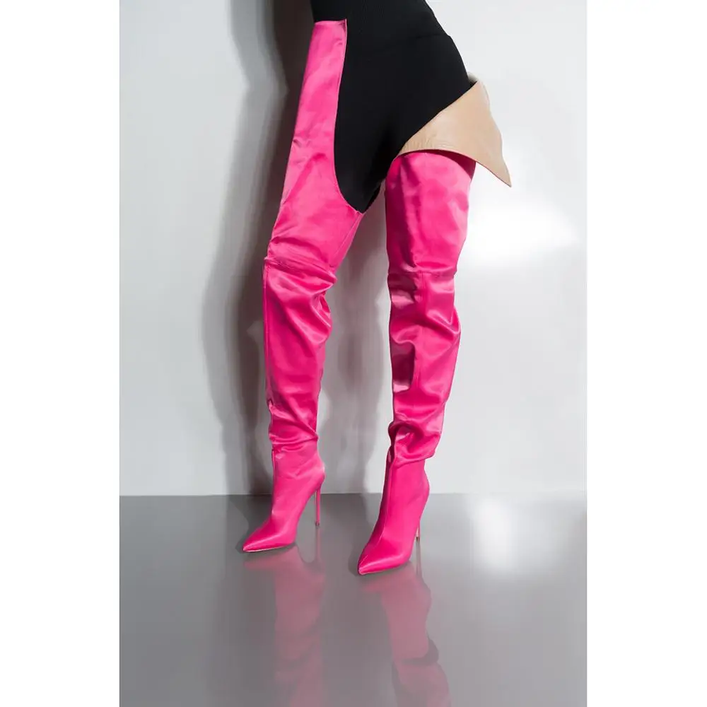 Fuchsia Модные атласные сапоги до бедра цвета фуксии на высокой шпильке; джинсовые ковбойские сапоги синего цвета; женские сапоги для сцены и вечеринок - Цвет: Fuchsia