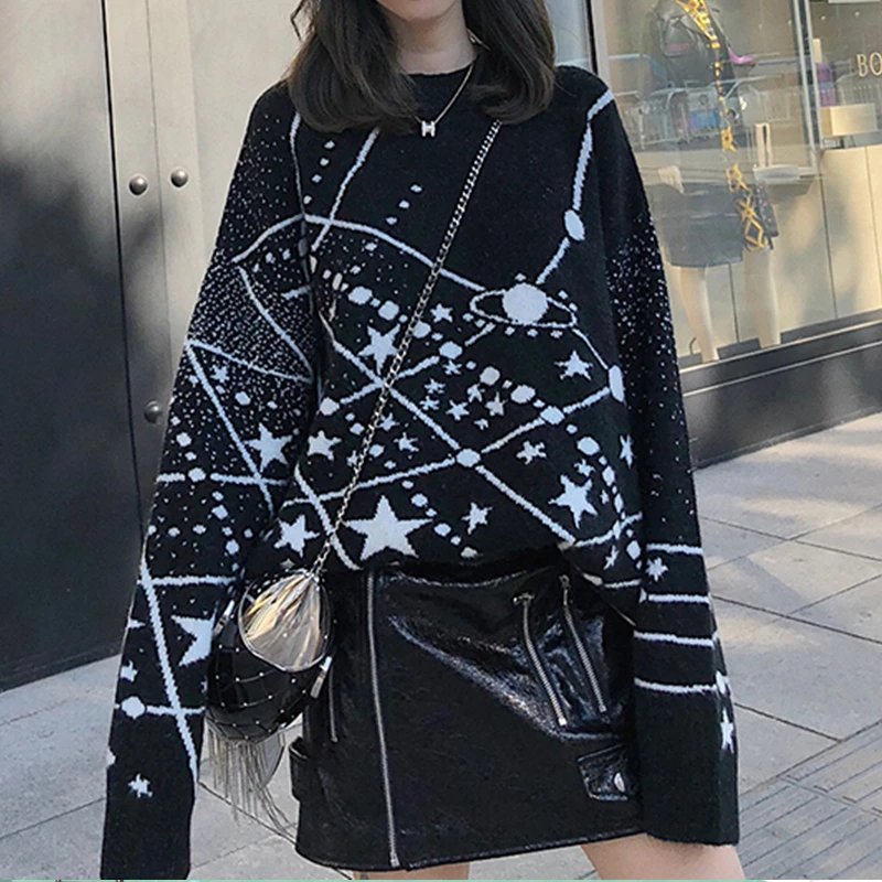 Flectit Black Galaxy Star Sweater Women Long Sleeve Mock Neck Oversized Knitted Top Pullovers Constellation Jacquard * | Женская одежда