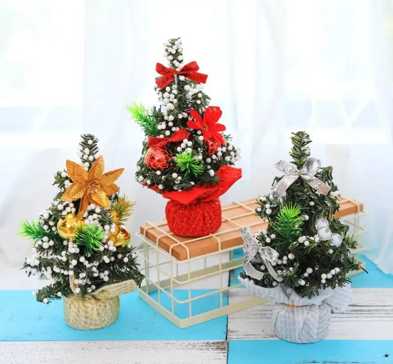 

Christmas Trees Party New Year Table Decorative Pine Tree Home Decoration Mini XMAS Tree with flowers pendants ball bow gifts