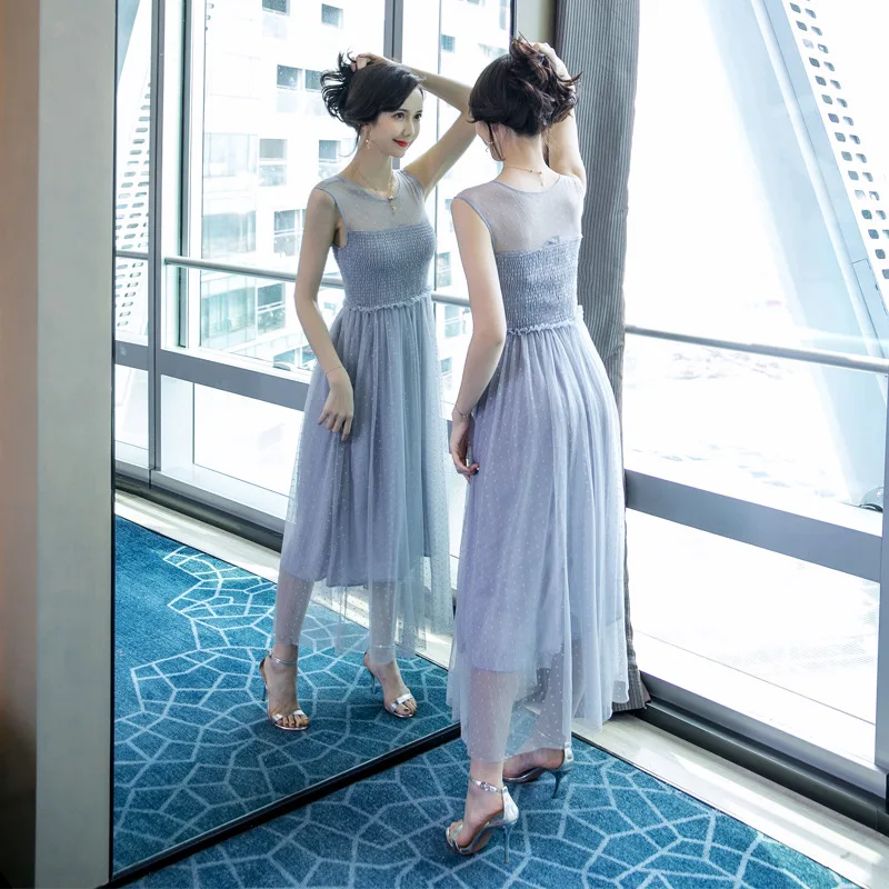 

Plus Size Mesh Patchwork Casual Dress Women Sleeveless Bandage Bodycon Dress Women Big Swing Sky Blue Long Ladies Dresses Summer