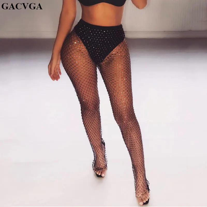 GACVGA 2019 сексуальные длинные широкие брюки из прозрачной сетки с вырезами для