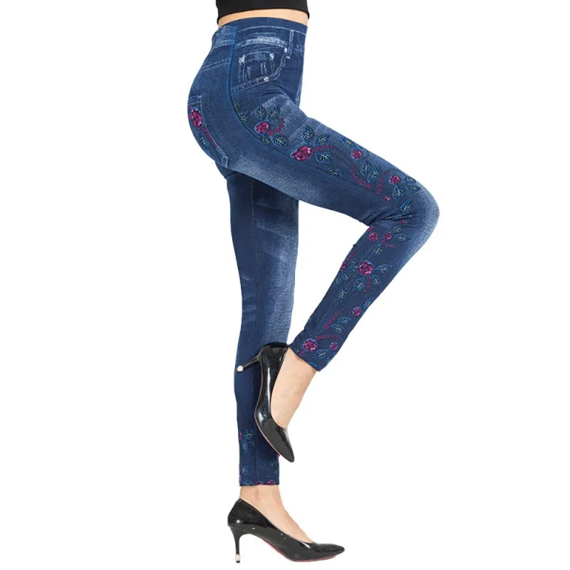 Women's Sexy Floral Jeans Jeggings High Waist Stretch Denim Print Leggings with Pocket
