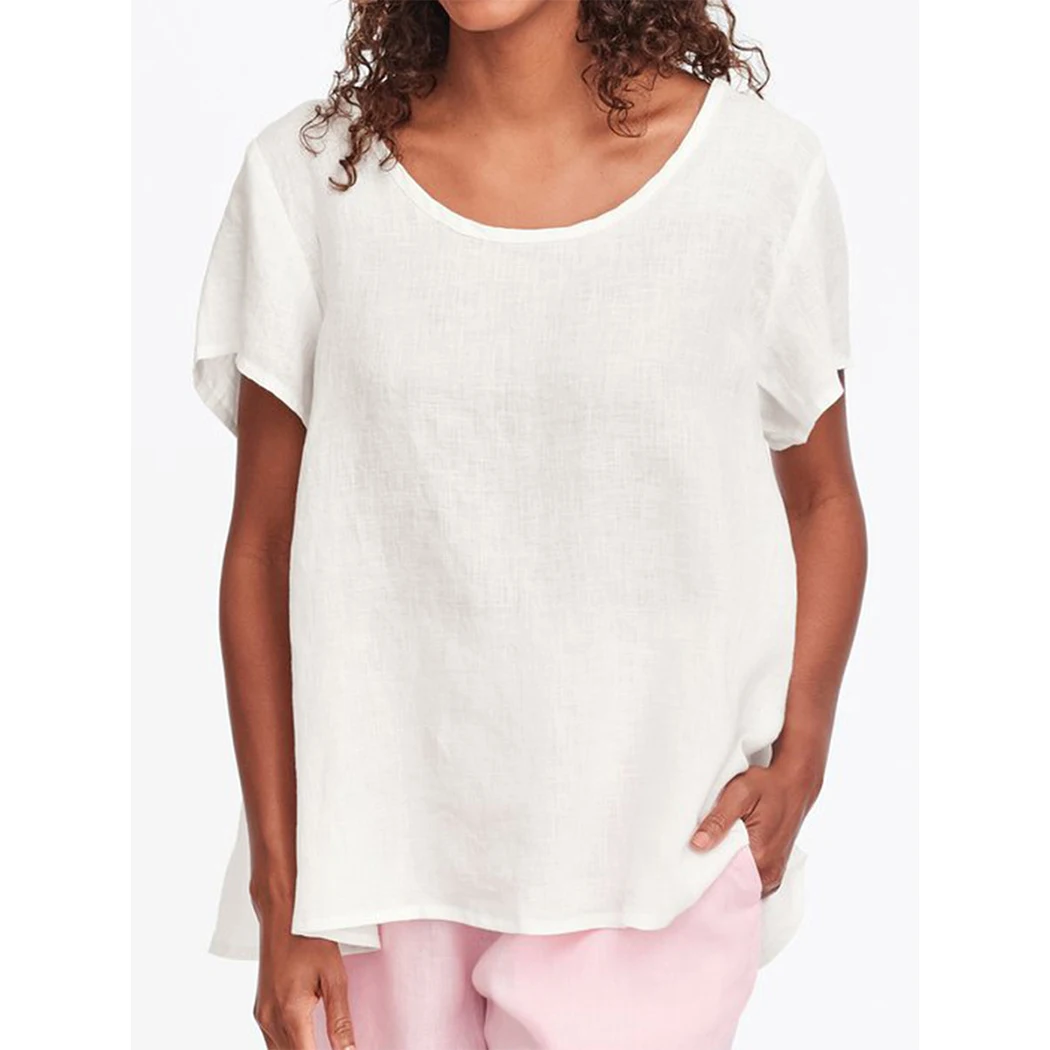 Винтажные летние свободные льняные футболки с круглым вырезом большие размеры