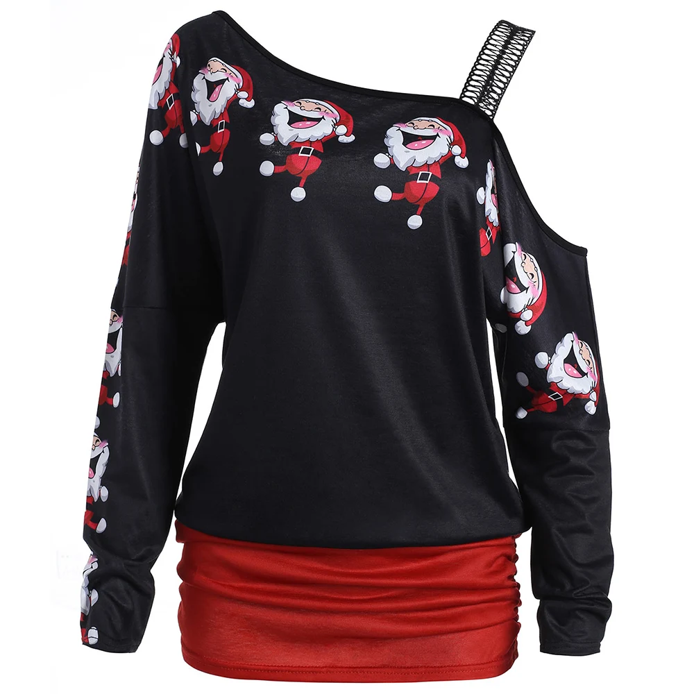 Wipalo Hotsale Cold Shoulder Santa Claus Laugh Print T-Shirt Harajuku Women Merry Christmas Camiseta Mujer From S-2XL | Женская одежда
