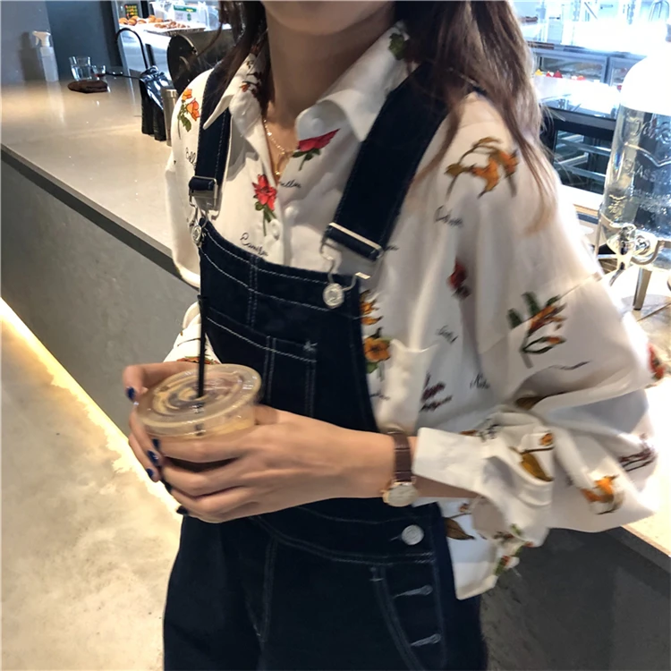 Свободные Винтаж рубашка с цветами в стиле панк Туника Для женщин рубашки Kawaii