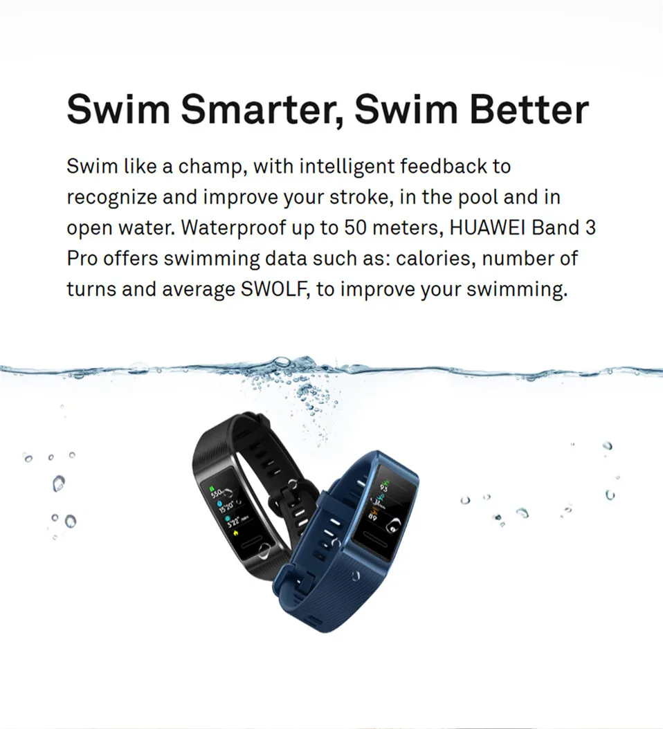 Смарт-браслет Huawei Band 3& 3Pro, 0,95 дюймов, трекер для плавания, водонепроницаемый, Bluetooth, фитнес-трекер, сенсорный экран