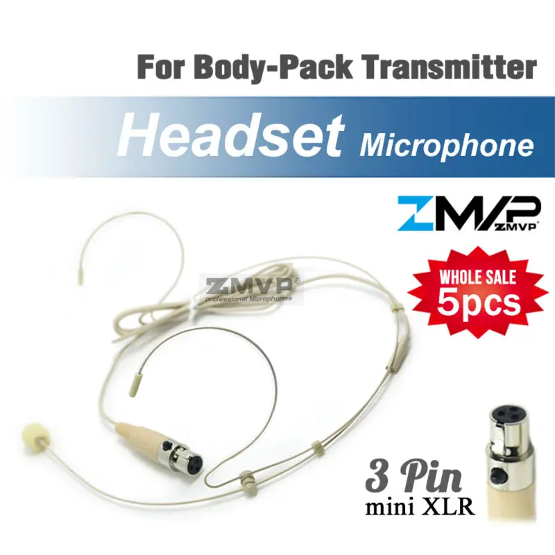 5pcs Headset Headworn Professional Condenser Microphone Mini 3pin XLR TA3F plug Mic Mike for Shure Wireless Bodypack Transmitter