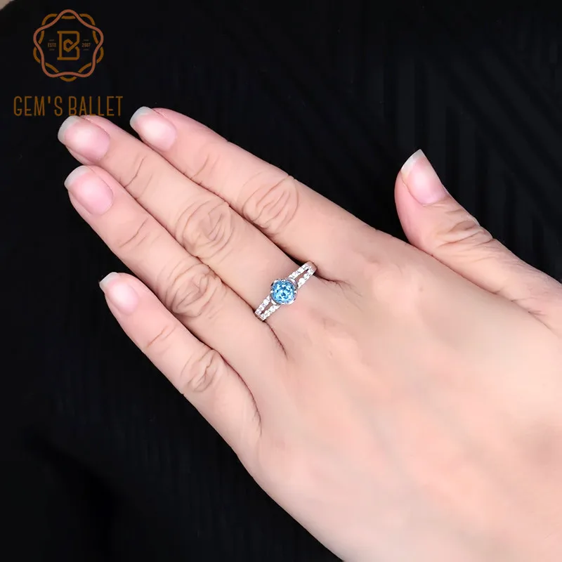 GEM'S BALLET 1.05Ct Round Natural Swiss Blue Topaz Gemstone Ring 925 Sterling Silver Simple for Women Gift Fine Jewelry | Украшения и