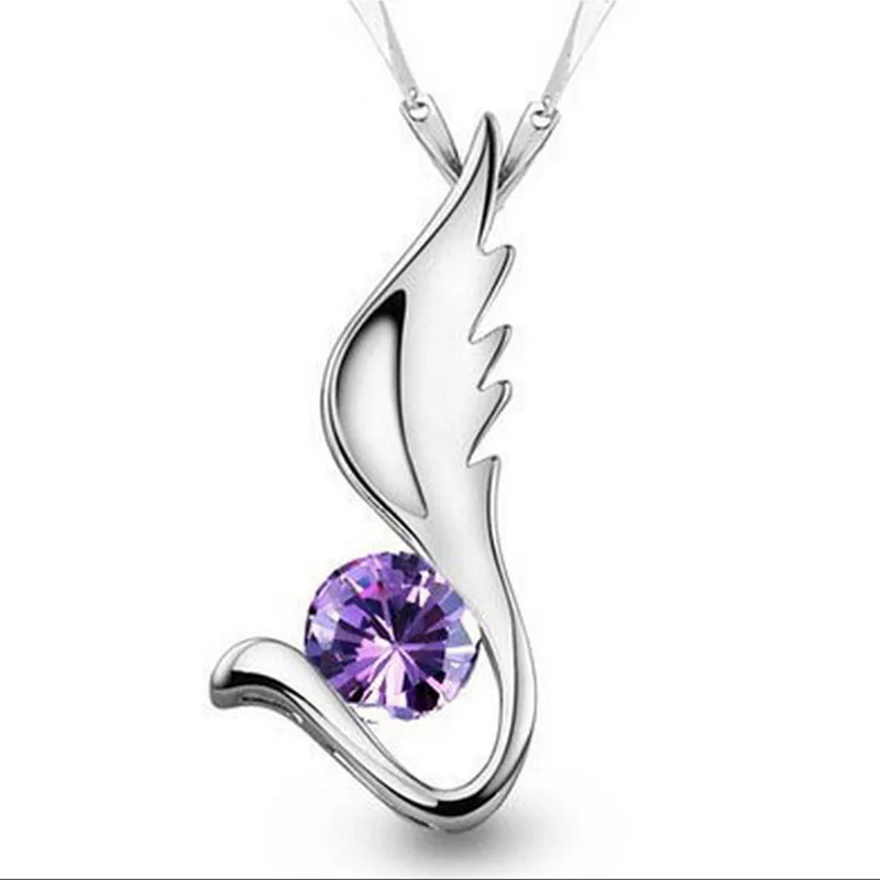 

100% 925 sterling silver fashion angel wings shiny crystal ladies`pendant necklaces jewelry women female gift no fade