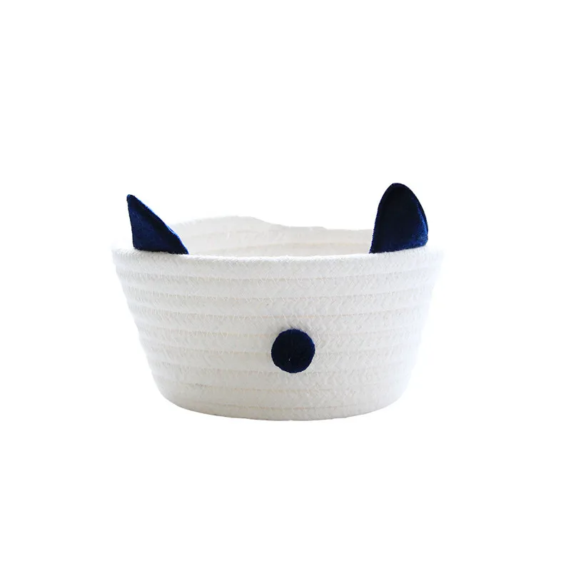 Плетеная корзина из хлопка 16*9 см с пушистыми шариками кошачьими ушками корзины