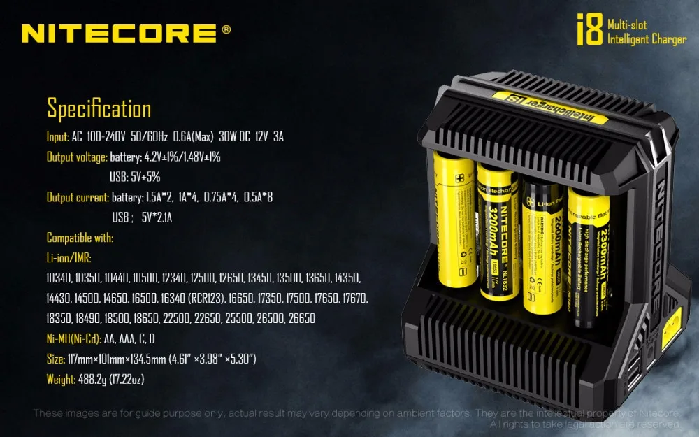 Умное зарядное устройство Nitecore i8 8 слотов выход 4 а IMR18650 16340 10440 AA AAA 14500 26650 USB