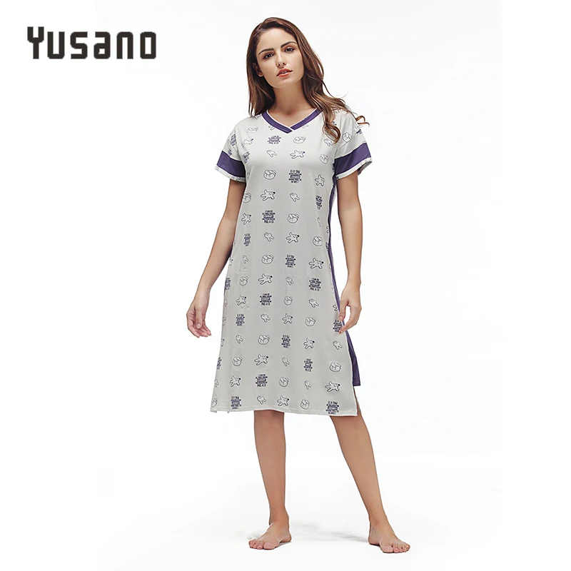 Yusano Cotton Nightgowns for Women V-Neck Nightshirt Short Sleelve Sleep Dress Cute Printed Sleepshirt Casual Nightwear