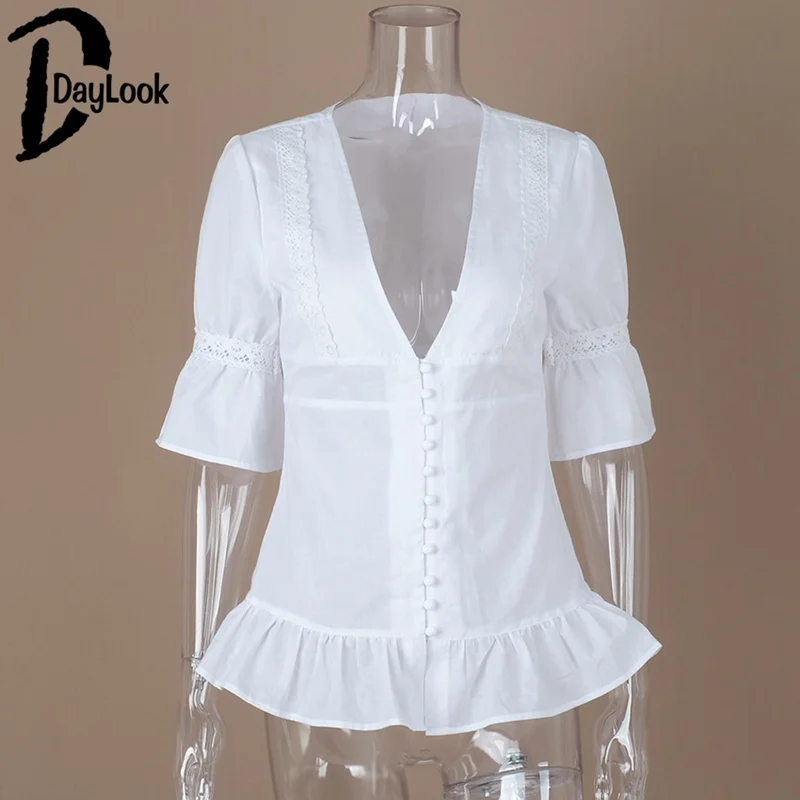 Daylook Elegant ruffles button white blouse cotton Vintage short sleeve lace tops 2018 summer femme blusas shirts tube top |