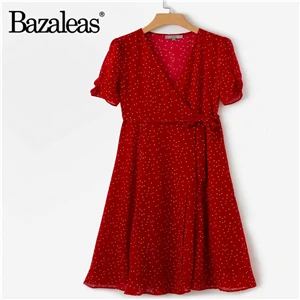 N168 red H142 Bazaleas Франция миди платье шикарное красное маленькое женский Печатный принт платья Винтаж сплит пляж vestidos тонкие платья Прямая - Цвет: N168 red H142