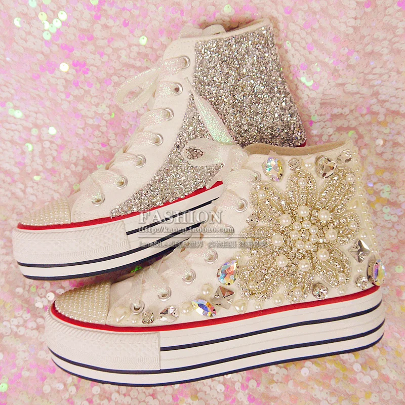 

Jixin flat-soled thick-soled muffin hand-drilled bow-knotted pearl canvas shoes, high-top women's single shoes