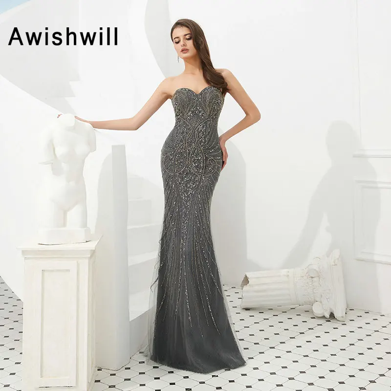 Luxury Long Prom Dress 2020 Fully Beads Grey Mermaid Formal Evening Dress With Detachable Cape Dubai Style Vestido De Festa