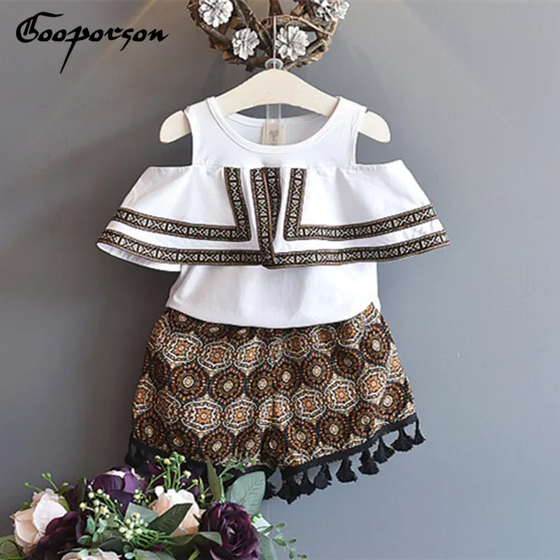 Girls Clothes Set White Shirt With Printed Pants Fashion Baby Girl Clothing 2pcs Children Summer | Детская одежда и обувь