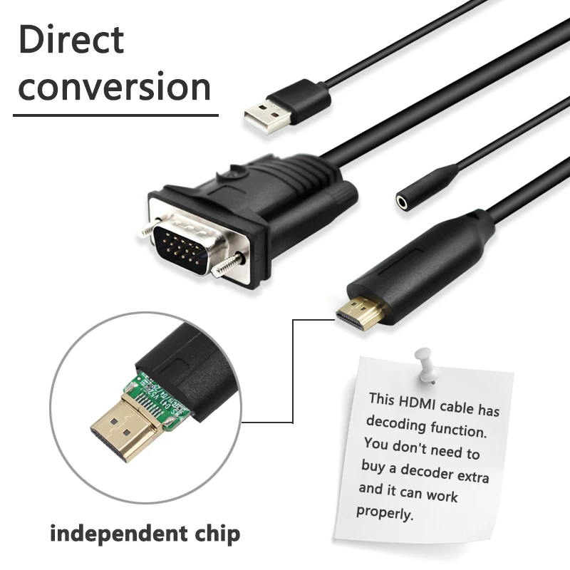 Кабель-преобразователь hdmi-vga со штекером 1080P и аудиовыходом HDMI2VGA для проектора