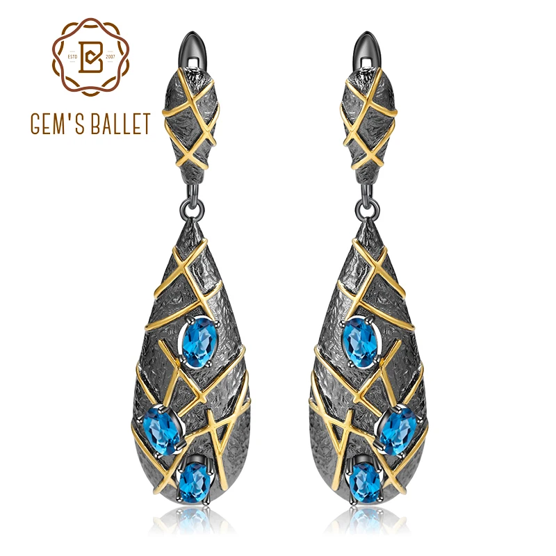 

GEM'S BALLET Natural London Blue Topaz Earrings 925 Sterling Silver Handmade Cross Lines Drop Earrings For Women Fine Jewelry