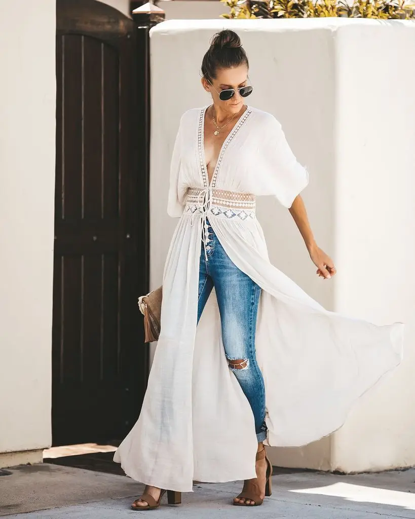 KHALEE YOSE Summer Beach Maxi Dress Holiday Casual Long Boho Dresses Crochet Tie Up Sheer Hippie Gypsy Sexy Chic Dress Women