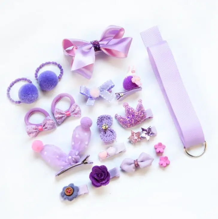 Purple opp Bag 18 шт./кор. дети милые женские аксессуары для волос комплект ткани для младенцев с цветочным узором и бантом, заколки для волос для девочек, повязка на голову в подарок - Цвет: Purple opp Bag