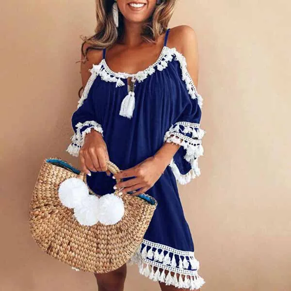 2019 Summer Women Short Dress Off Shoulder Party Tassel Bohemian Fashion Ethnic Style Beach Dresses | Женская одежда