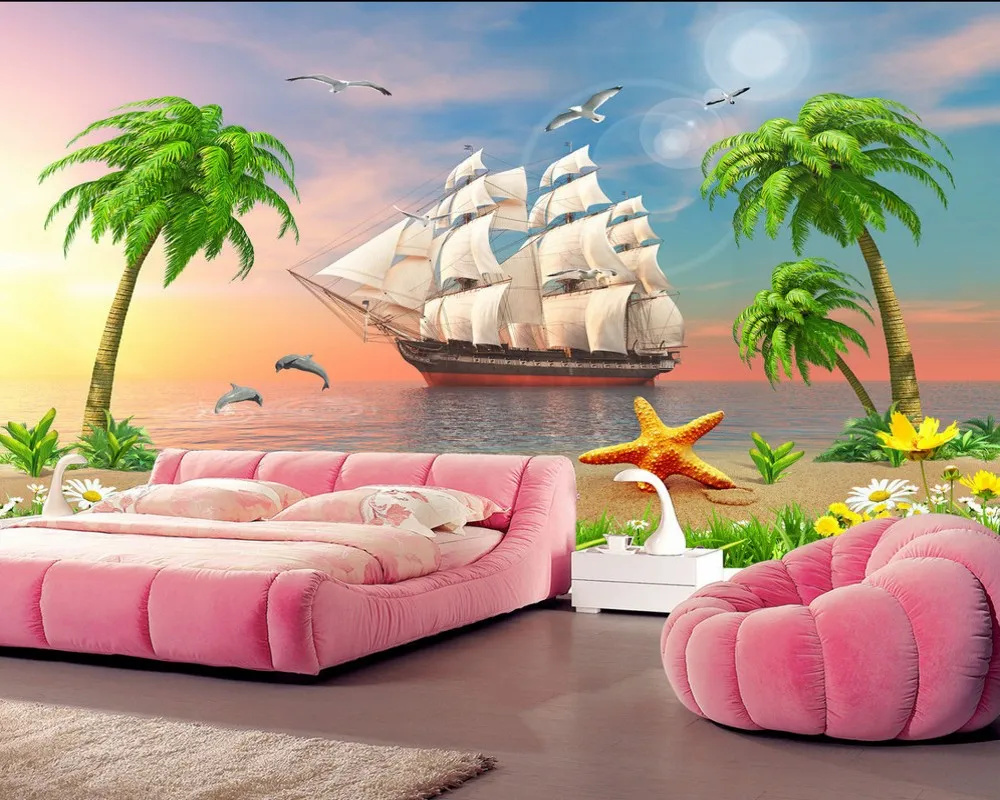 

Free Shipping Sunset Scenery Smooth Sailing Seascape Coconut Tree TV Sofa Living Room Photo Wallpaper Custom 3d Hotel Mural