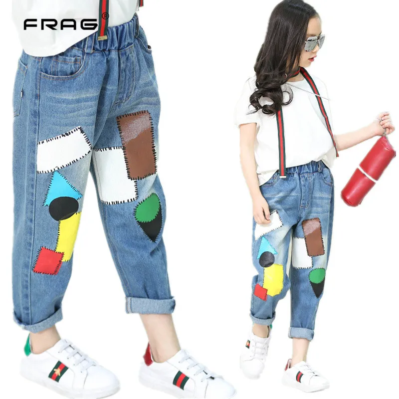 Большой джинсы для девочек Демисезонный модные детские длинные джинсовые брюки