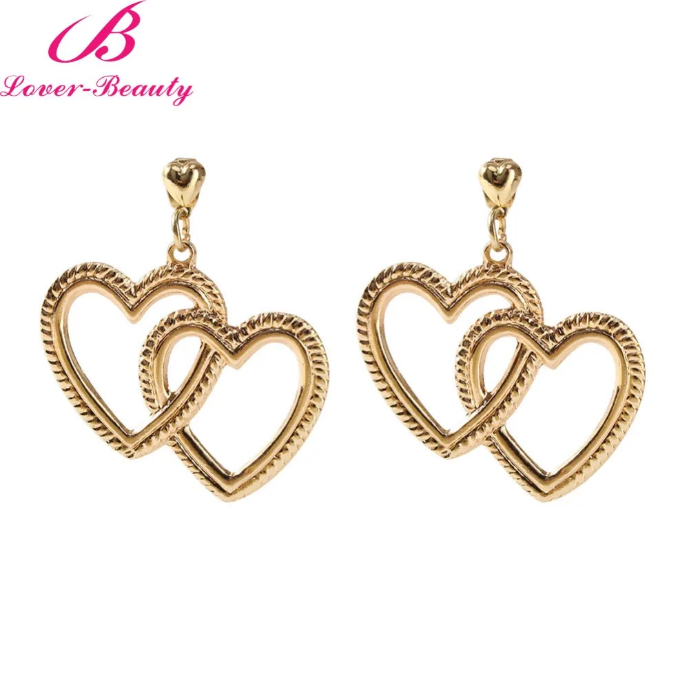 Lover Beauty New Hollow Heart Double Sweet Gold Love Earrings Orecchini Brincos Pendientes Oorbellen Women Gifts Jewelry -D | Украшения и