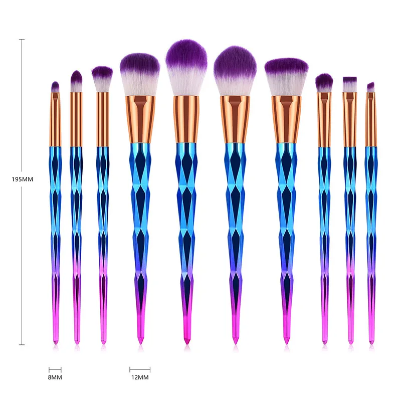 

10PCS Diamond Colorful Makeup Brushes Set Foundation Powder Concealer Blush Eye Lip Face Make up Cosmetic Tool