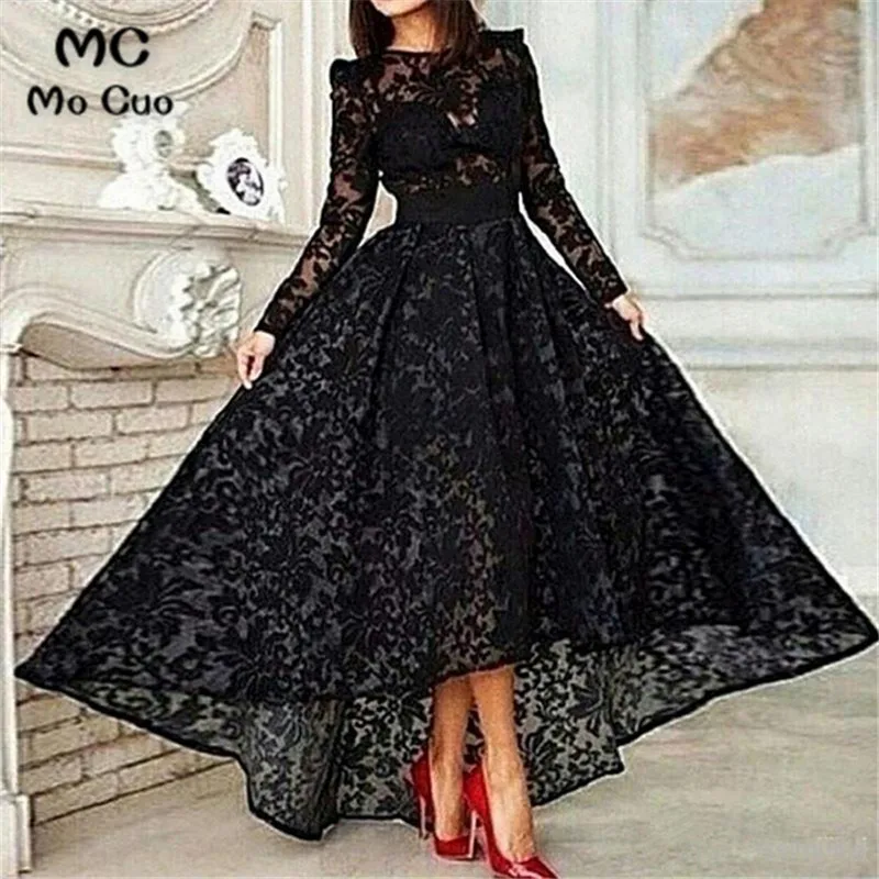 

In Stock Ready 2019 Illusion Long Sleeves Evening Dresses Long Prom Gowns Tulle Hi Lo Gown Women Evening Dresses