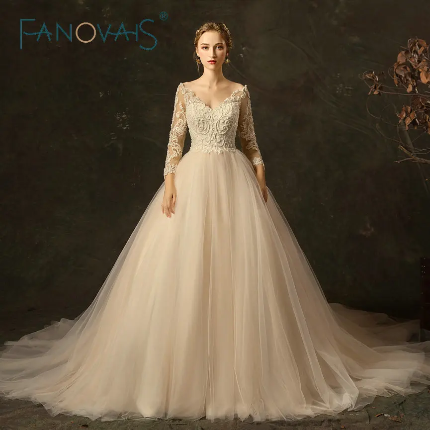 Koop Parels Crystal Lace Trouwjurk Prinses Tulle Bruidsjurken Vestido De Novia 2019 Champagne Bruidsjurken Luxe Vintage Jurken
