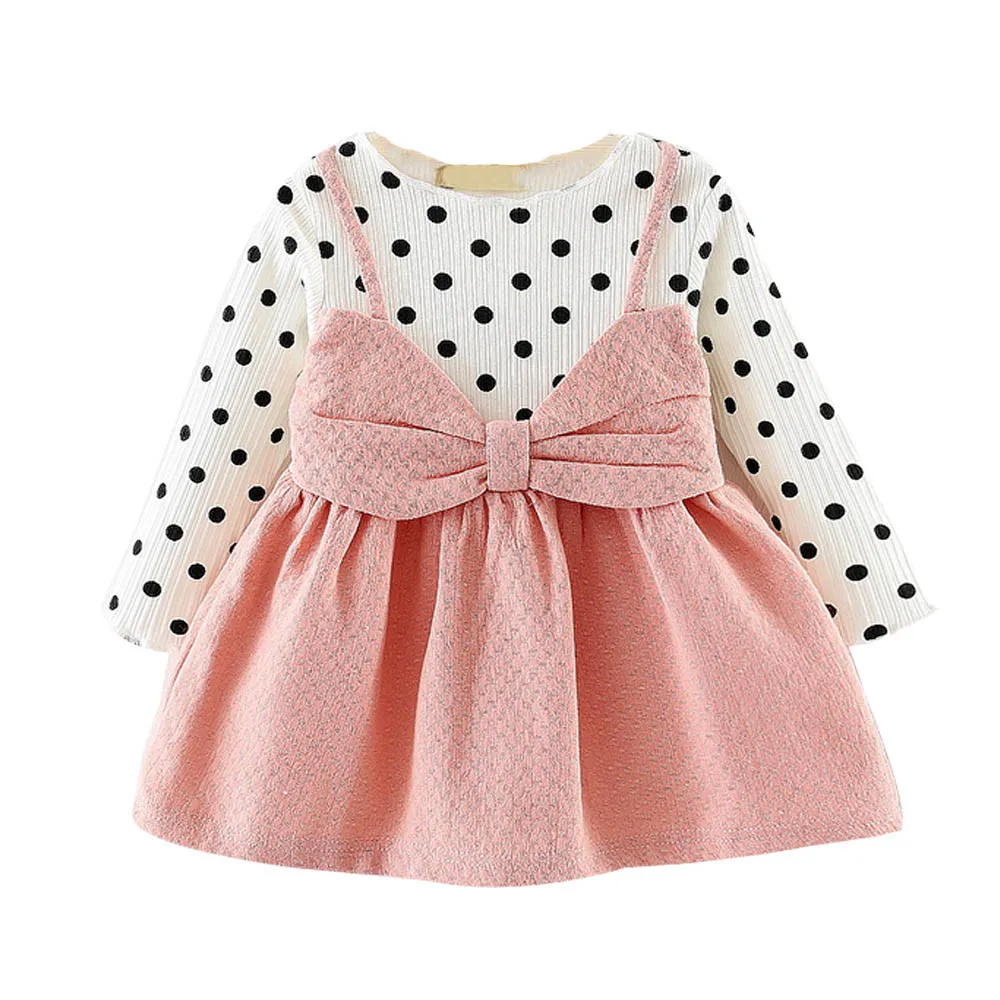 Свадебное платье для новорожденных; зимние платья для маленьких девочек; вязаное платье принцессы в горошек с длинными рукавами и бантом на День рождения;* 20