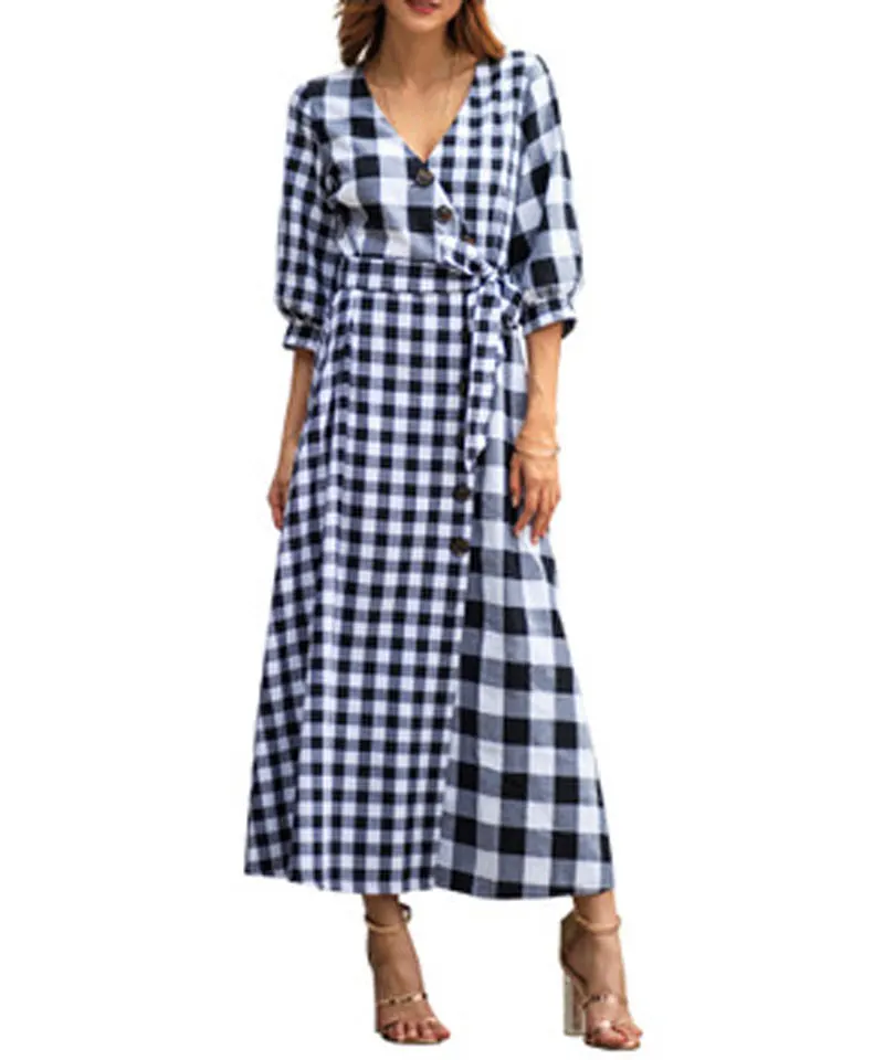 HEE GRAND/2019 Новое весеннее платье женское клетчатое с рукавом 1/2 винтажное v образным