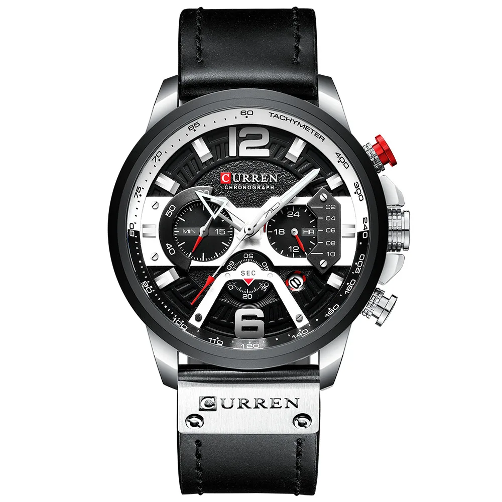 CURREN 8329 брендовые Роскошные мужские часы, кожаные спортивные часы, мужские Модные кварцевые часы с хронографом, водонепроницаемые мужские часы - Цвет: Silver black